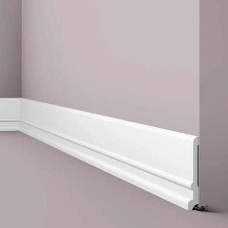 FD21 2M WALLSTYL SKIRTING BOARD with cable channel corner detail on a light-colored wall | DecorMania UK 
