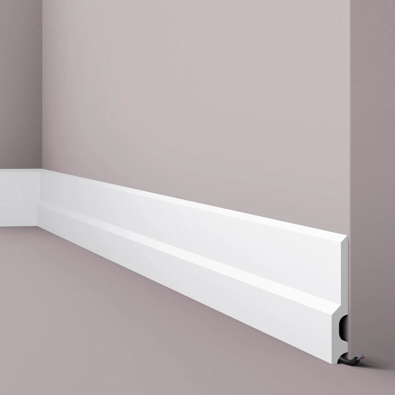 FD22 2M WALLSTYL SKIRTING BOARD with cable channel corner detail on a light-colored wall  | DecorMania UK 