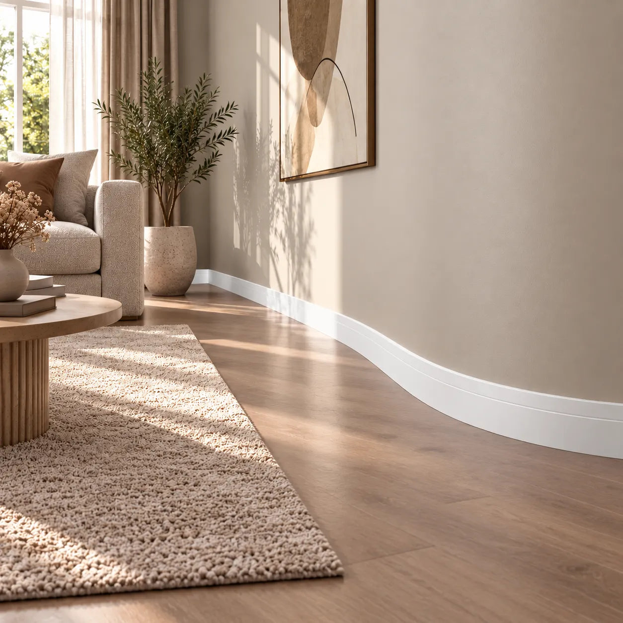 FD2 FLEX WALLSTYL flexible skirting board following a curved wall in a modern living room