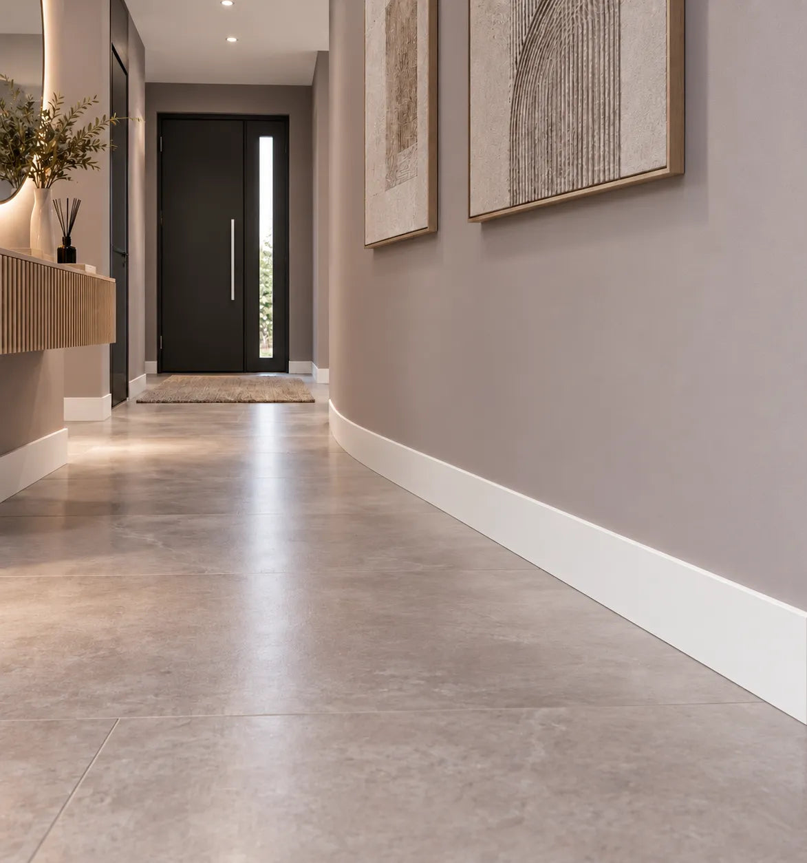 FD2S FLEX white flexible skirting board in modern hallway