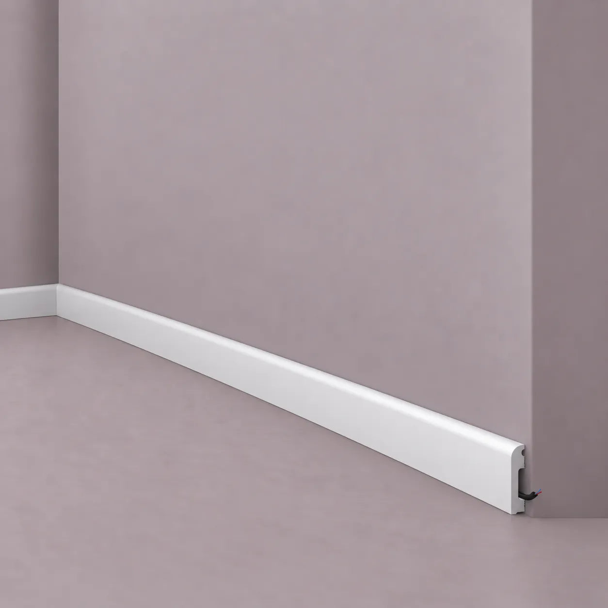 White FL13 WALLSTYL skirting board with rounded profile and cable concealment space