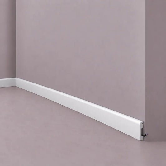 White FL13 WALLSTYL skirting board with rounded profile and cable concealment space