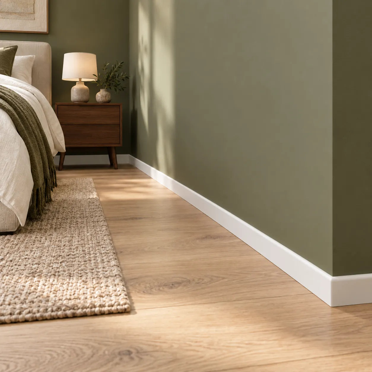 White FL13 WALLSTYL skirting board in a modern bedroom with olive green walls