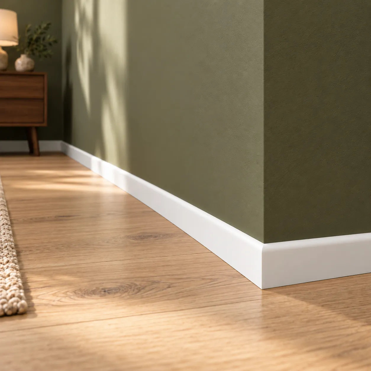 Close-up of white FL13 WALLSTYL skirting board fitted around an exterior corner