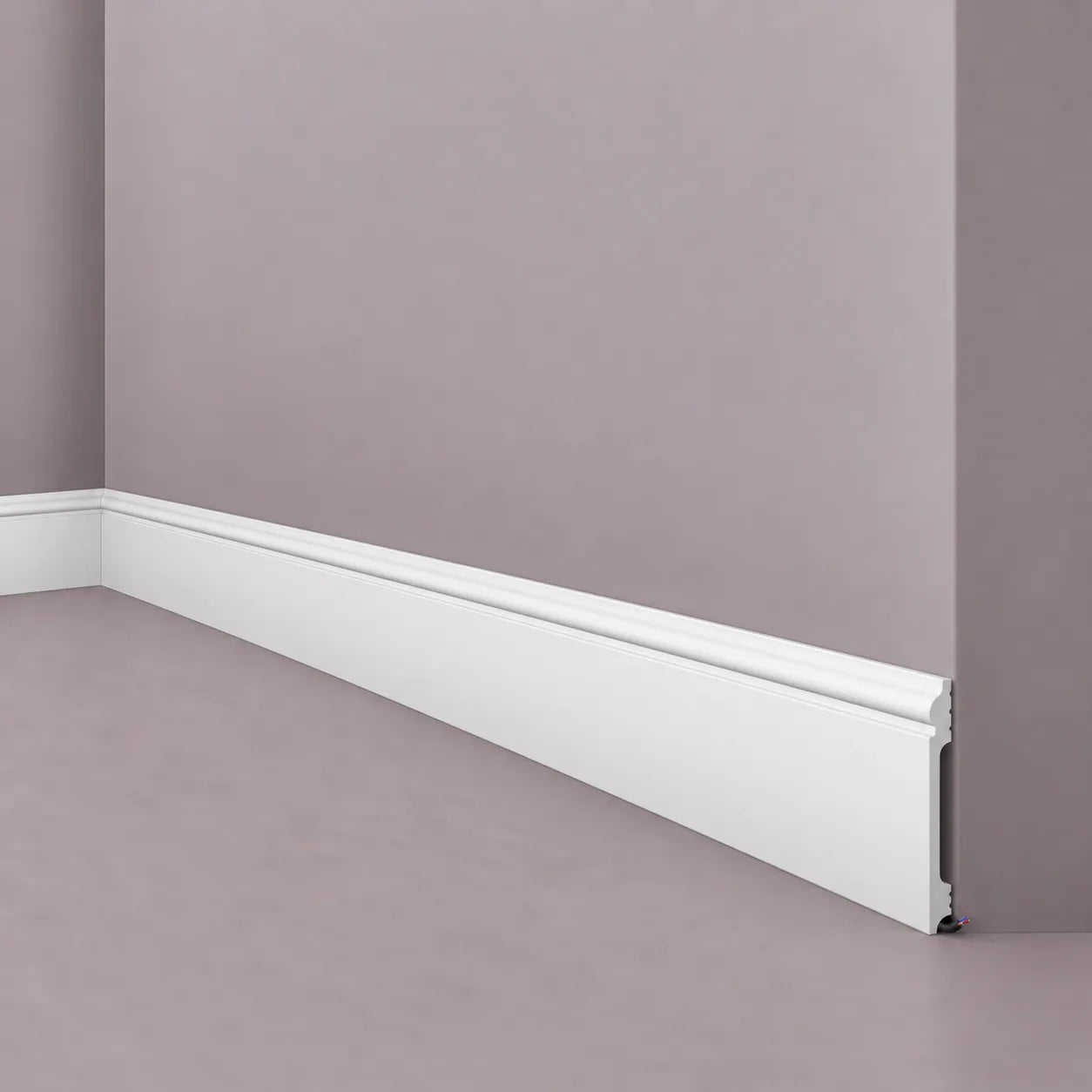 White FL17 WALLSTYL skirting board with classic decorative profile and cable concealment space