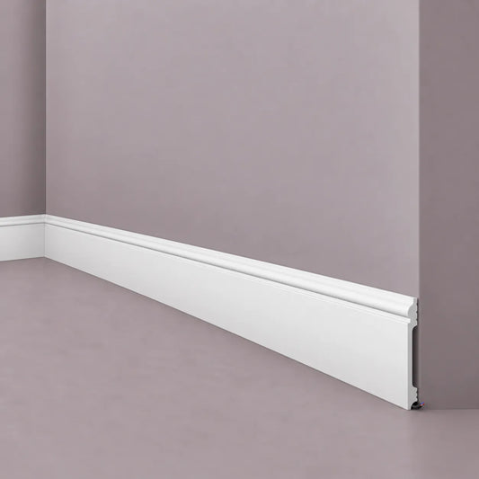 White FL17 WALLSTYL skirting board with classic decorative profile and cable concealment space