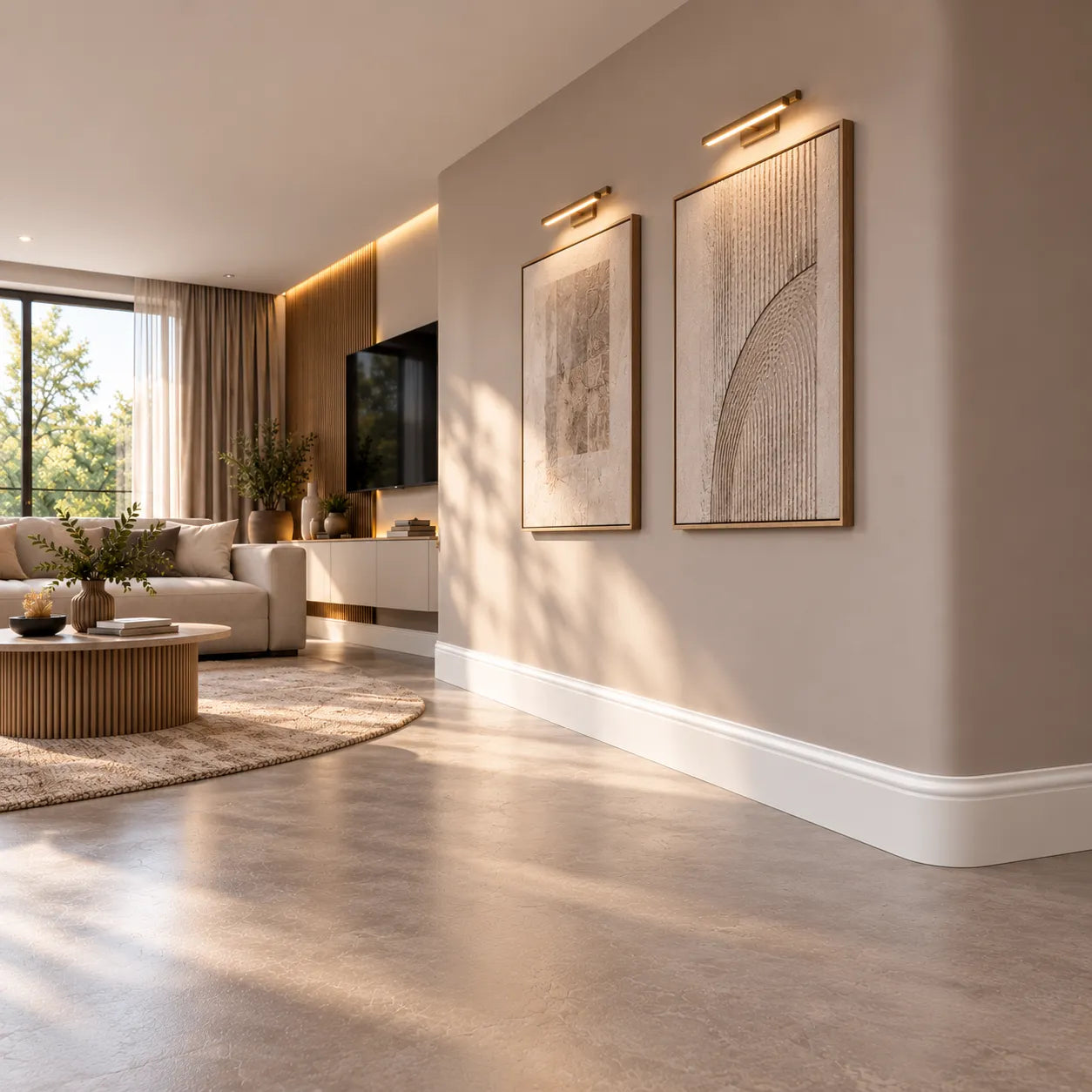 FL1 FLEX WALLSTYL flexible skirting board in a modern living room interior