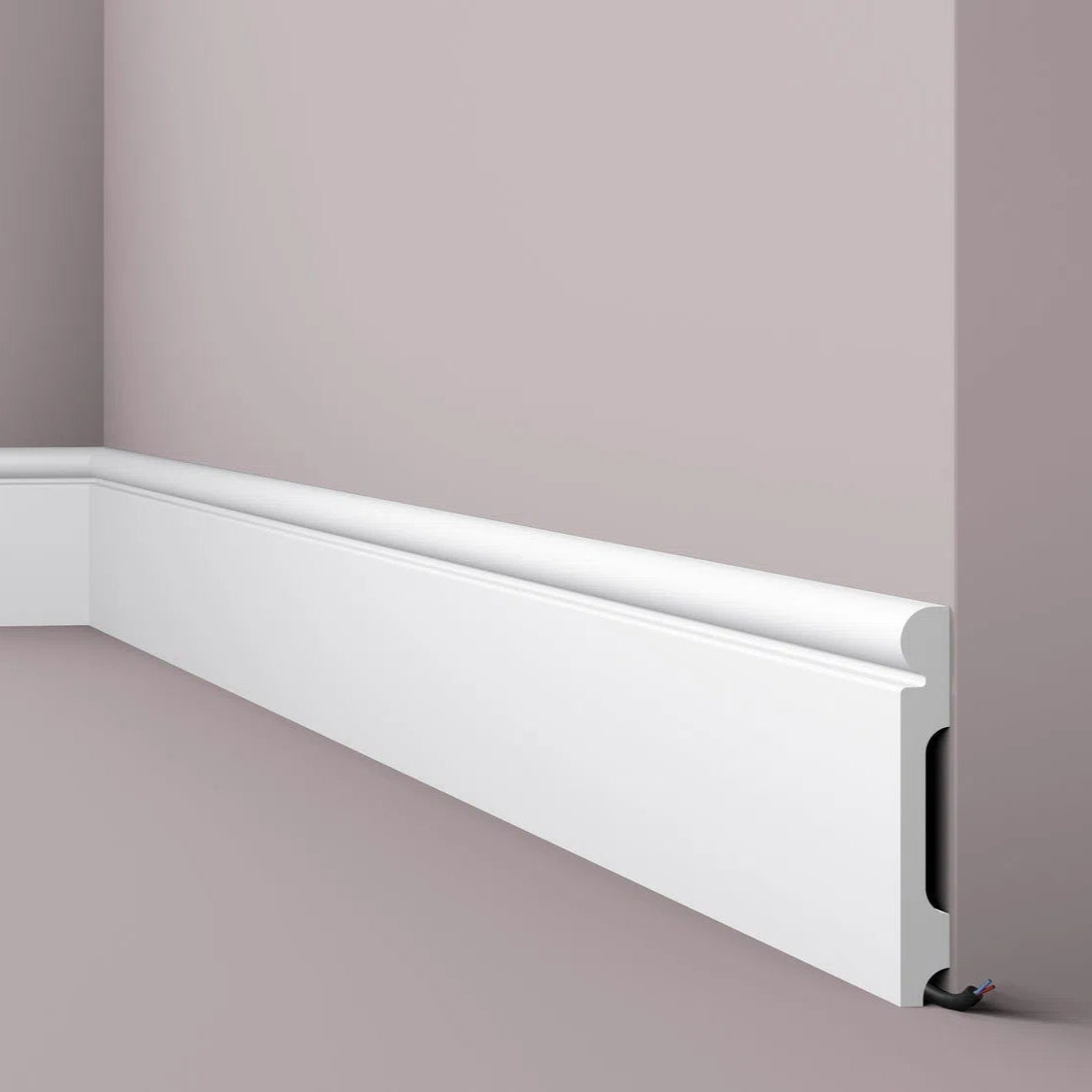 FL4 2M WALLSTYL SKIRTING BOARD - Skirtings with cable channel owner detail on a light-colored wall | DecorMania UK | DecorMania UK 