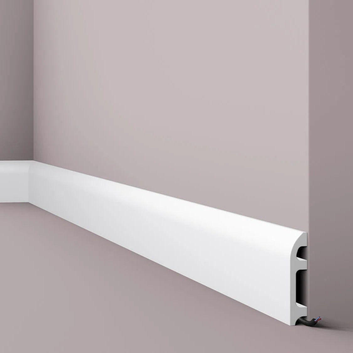 FL5 2.44M WALLSTYL SKIRTING BOARD - Skirtings with cable channel owner detail on a light-colored wall | DecorMania UK 