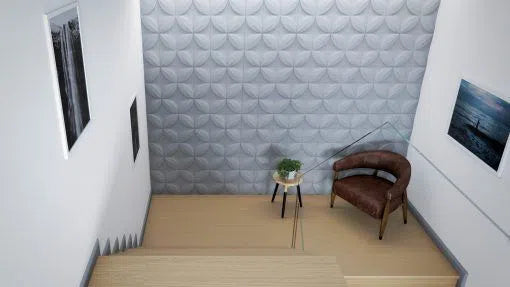 FL5 2.44M WALLSTYL SKIRTING BOARD mounted along the bottom of the wall, next to a staircase and a chair | DecorMania UK