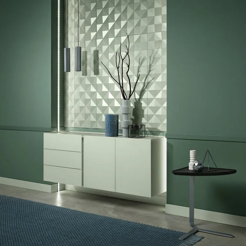 FL9 WALLSTYL skirting board in a modern green interior with geometric wall panels