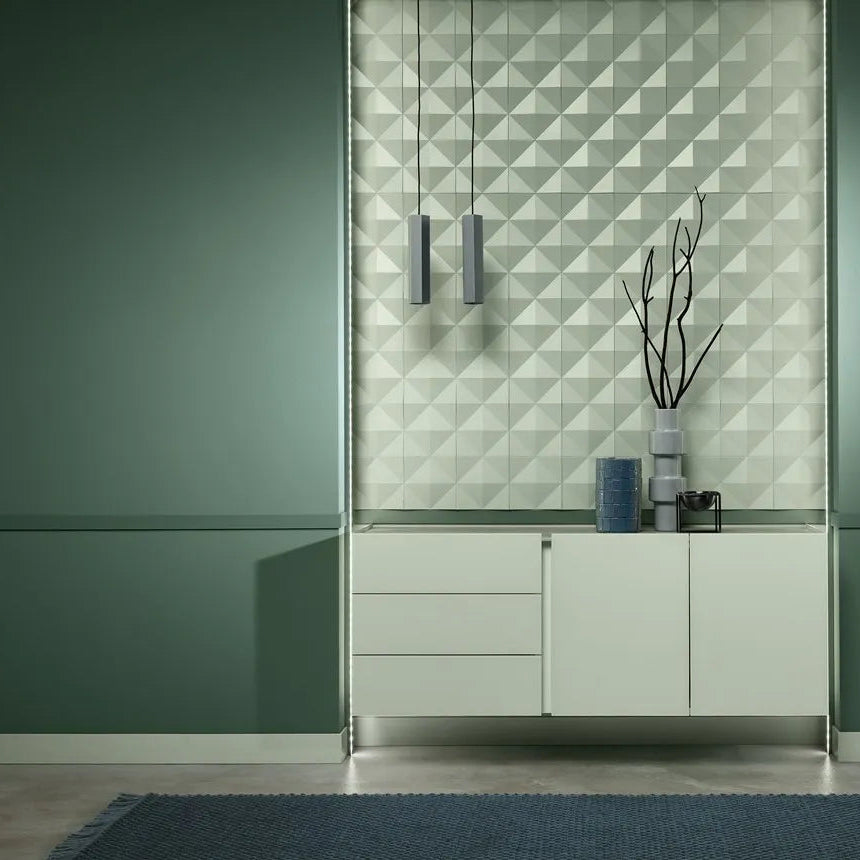 White FL9 WALLSTYL skirting board in a contemporary green feature wall interior