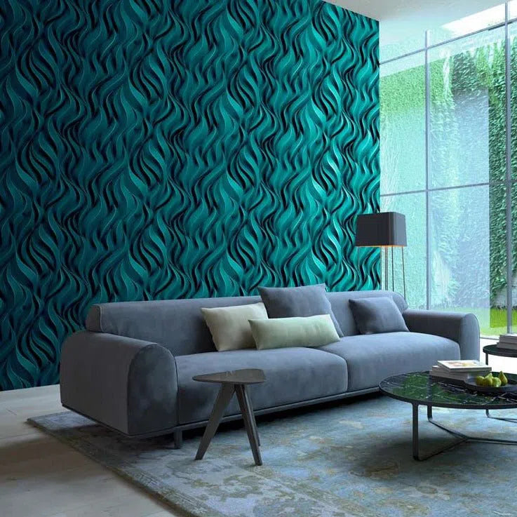 FLAMES 3D Wall Panel Model 05 - 3D Polystyrene Wall Panels behind the sofa, creating a dynamic and textured atmosphere, complemented by modern furniture including a coffee table and lamp | DecorMania UK 