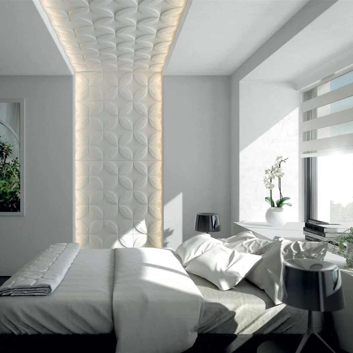 FLOWER 3D Wall panels ARSTYL® in a stylish bedroom, adding a sophisticated touch to the wall | DecorMania UK