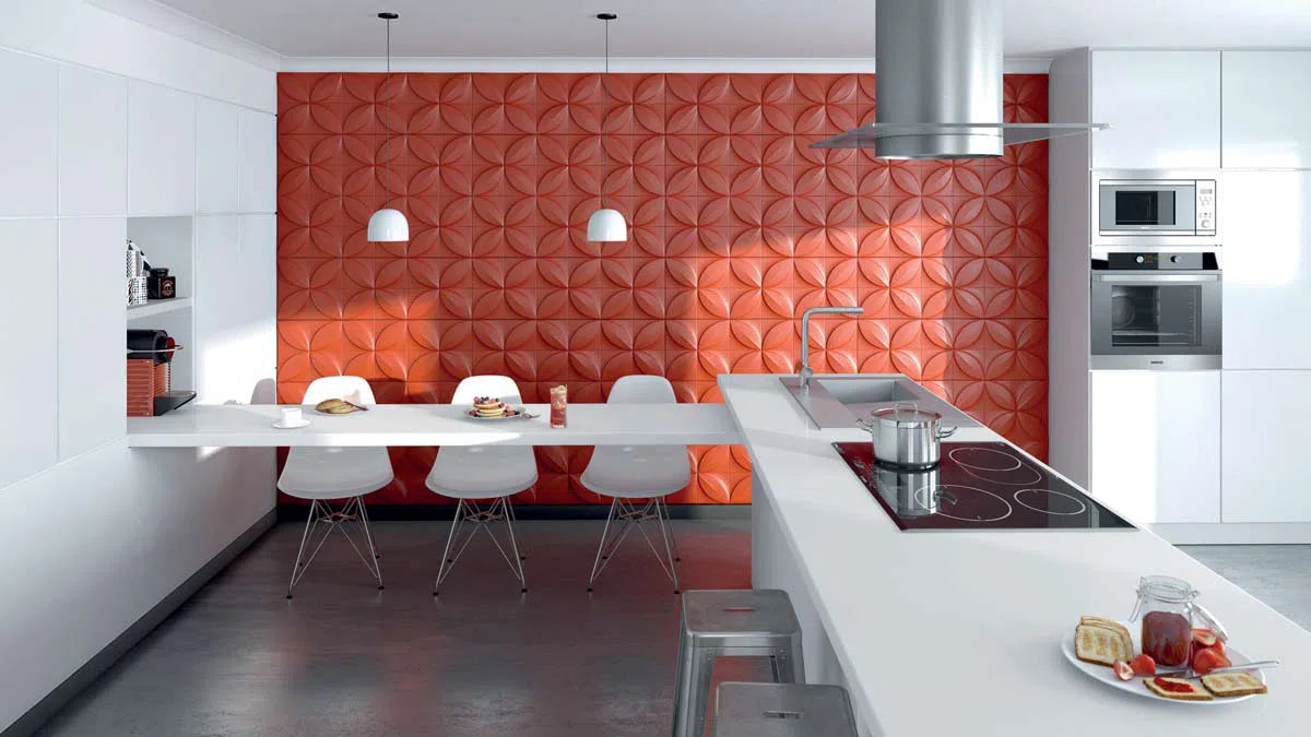 FLOWER 3D Wall panels ARSTYL® in a contemporary kitchen, creating a unique wall feature with its floral design | DecorMania UK