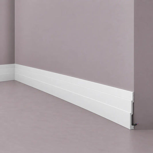 White FT18 WALLSTYL skirting board with cable concealment space