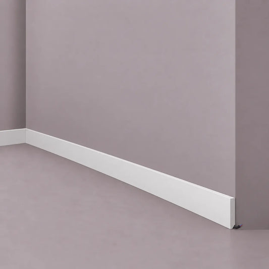 White FT2 WALLSTYL skirting board with clean reversible profile and cable concealment space