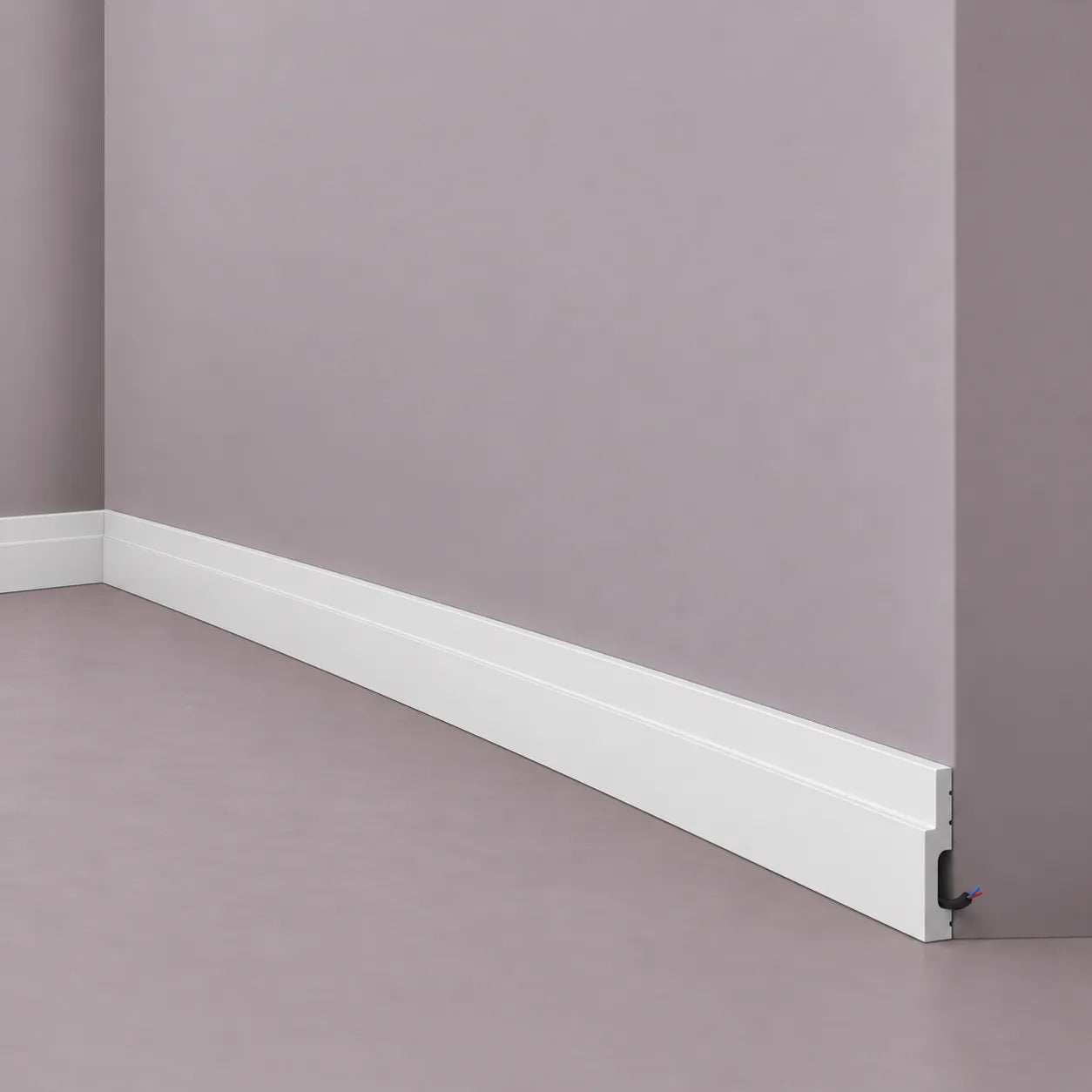 White FT8 WALLSTYL skirting board with stepped profile and cable concealment space