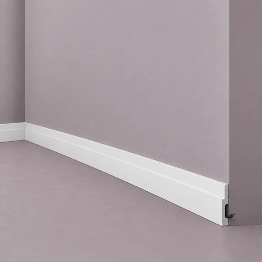 White FT8 WALLSTYL skirting board with stepped profile and cable concealment space