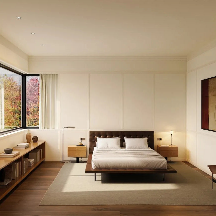 FT8 WALLSTYL skirting board in a bright modern bedroom with classic wall moulding
