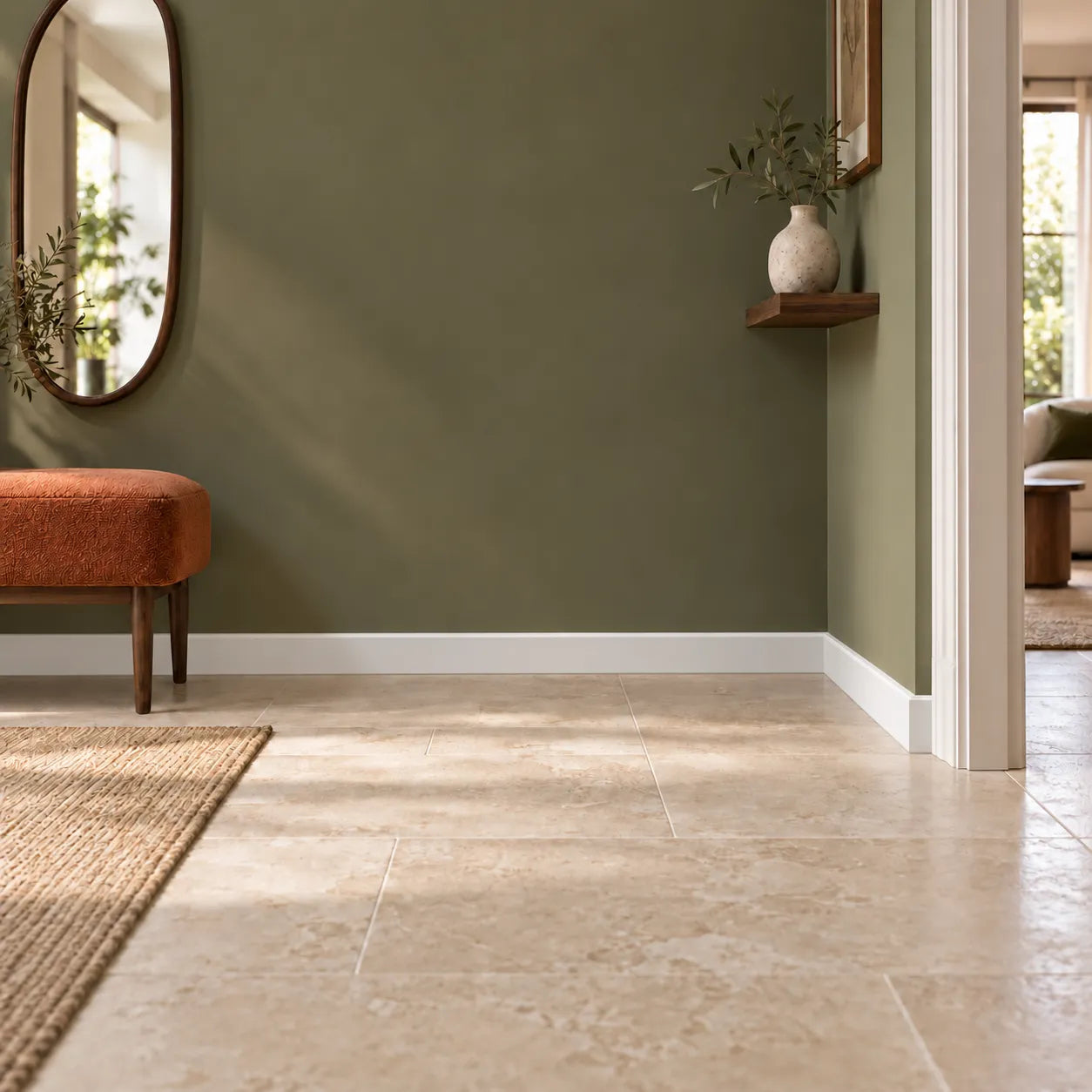 FT1F WALLSTYL skirting board in modern olive green hallway