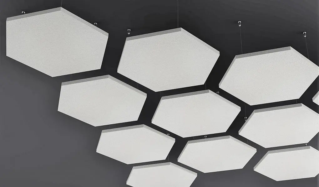Hexa AIR - Acoustic Suspended Ceiling Panel white panels on dark background Decormania UK