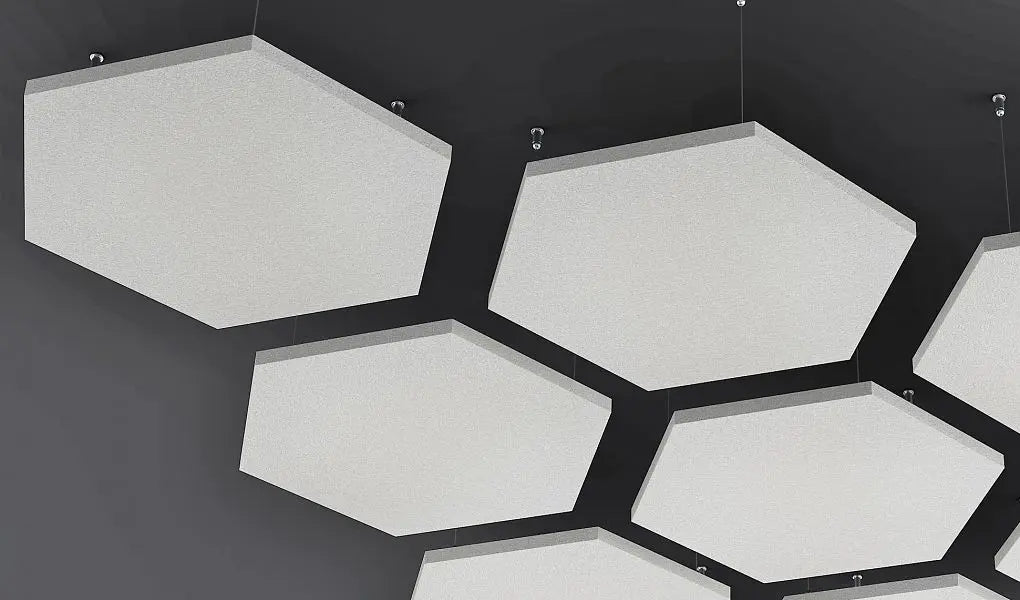 Hexa AIR - Acoustic Suspended Ceiling Panel on dark grey ceiling Decormania UK