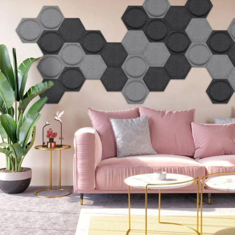 HEXA BOLD 2 Felt 3D Wall Panels GREY in a stylish living room  | DecorMania UK