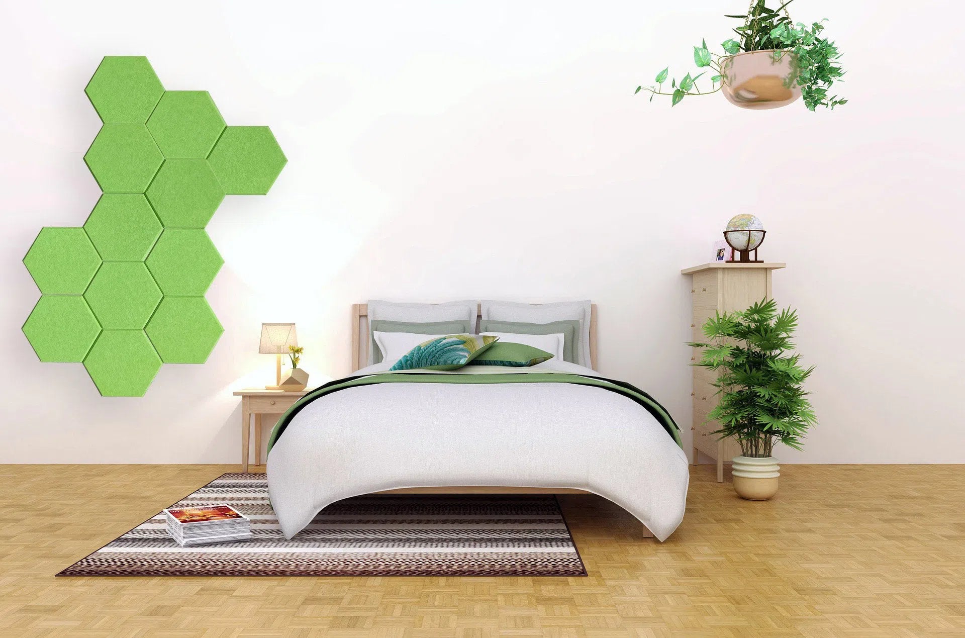 HEXA Felt 3D PET Wall Panels Green - on modern bedroom   | DecorMania UK