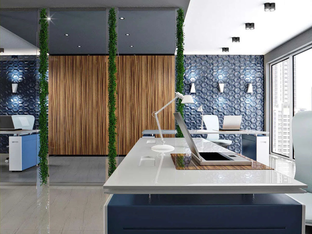 HEXAGON 3D Wall Panel Model 08 - 3D Polystyrene Wall Panels in a office space, complemented by minimalist furniture and greenery for a fresh and clean aesthetic | DecorMania UK 