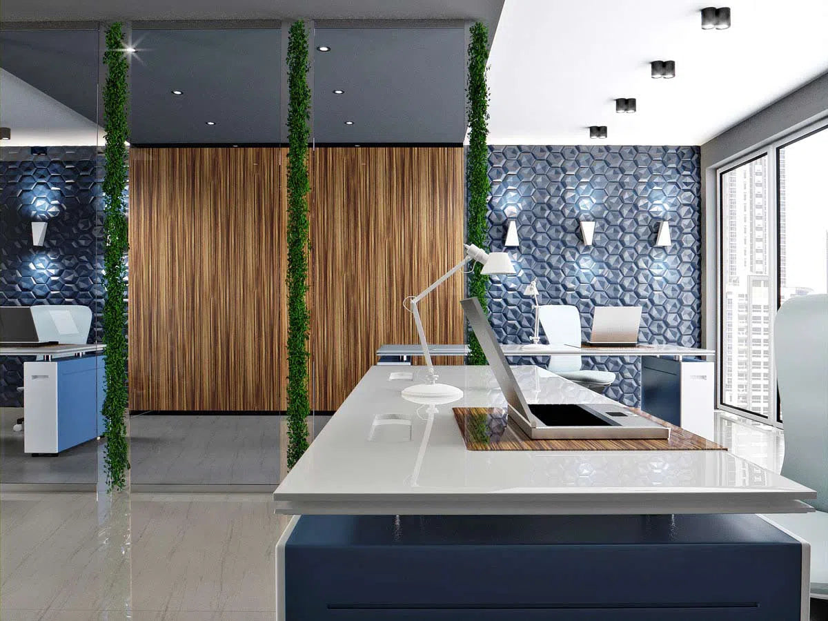 HEXAGON 3D Wall Panel Model 08 - 3D Polystyrene Wall Panels in a office space, complemented by minimalist furniture and greenery for a fresh and clean aesthetic | DecorMania UK 