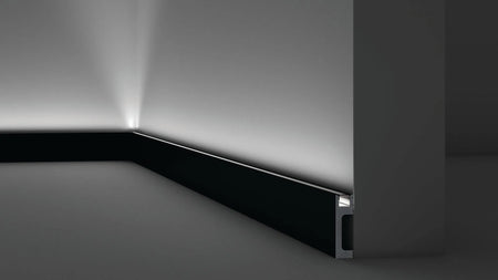 IL10 2M BLACK WALLSTYL SKIRTING BOARD - Skirtings with cable channel owner detail on a light-colored wall | DecorMania UK