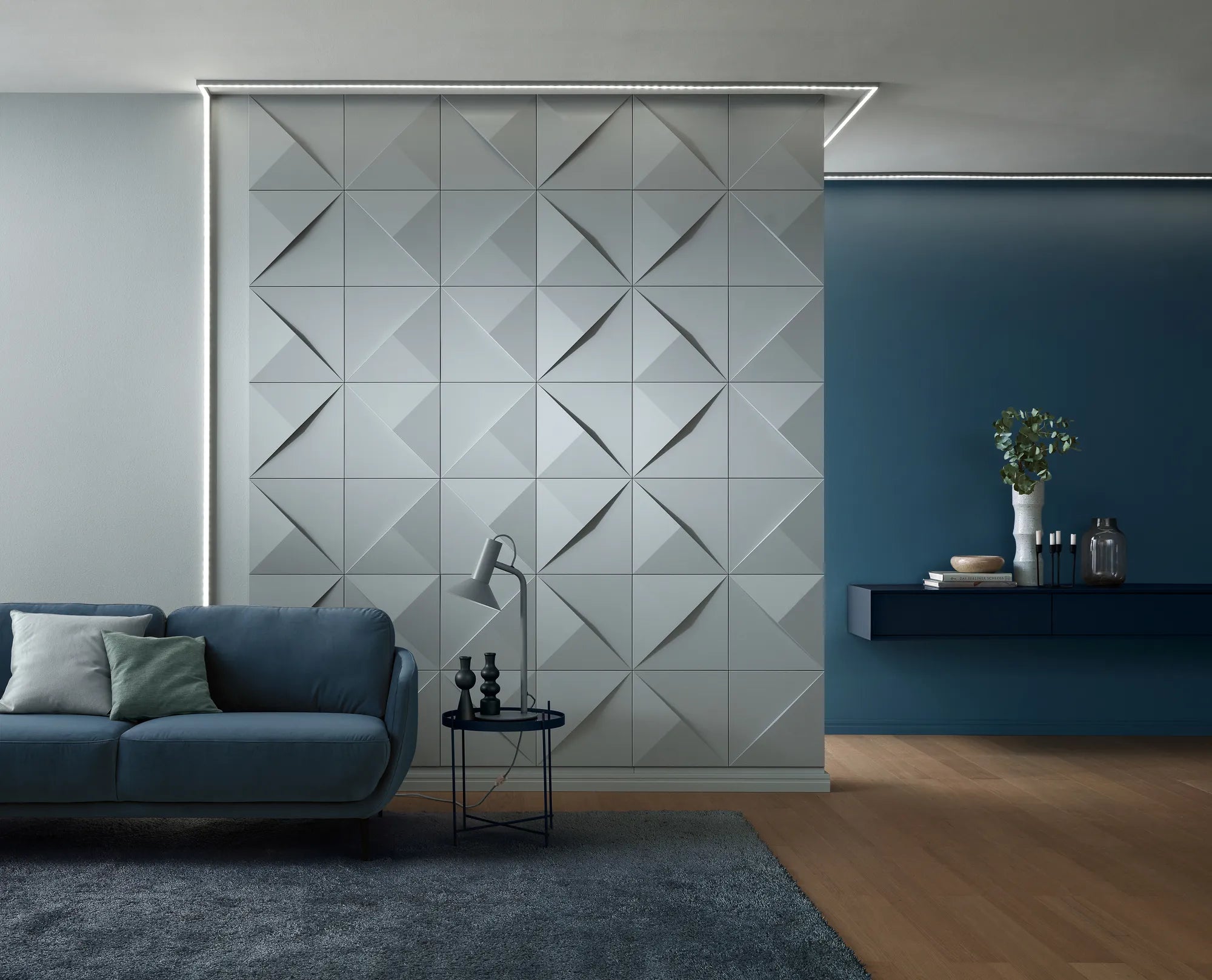IL12 ARSTYL® 2m Ceiling Coving for LED Lighting installed in a stylish living room with ambient lighting | DecorMania UK

