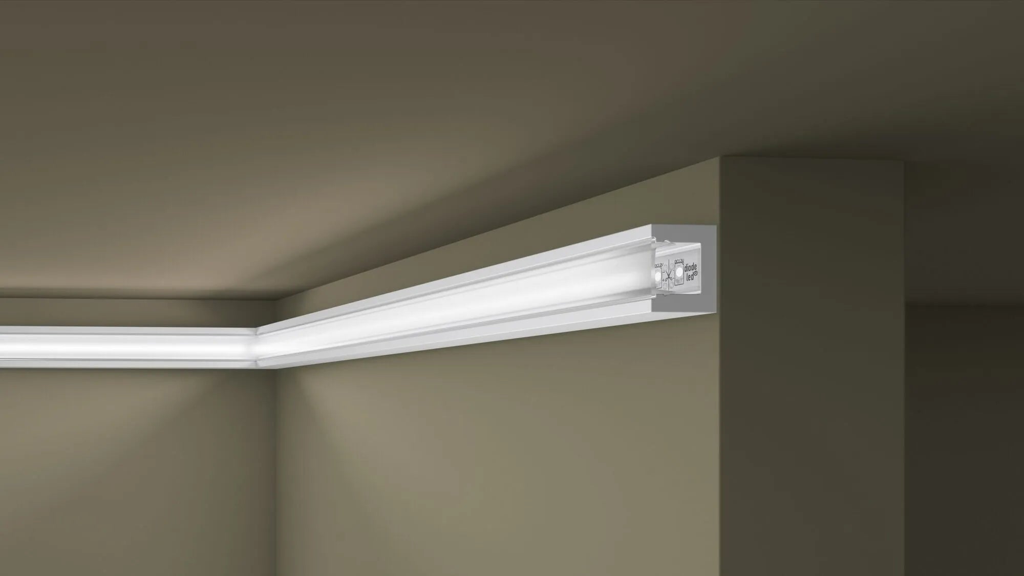 IL12 ARSTYL® 2m Ceiling Coving for LED Lighting installed in a corner, providing a dramatic lighting effect from both sides | DecorMania UK
