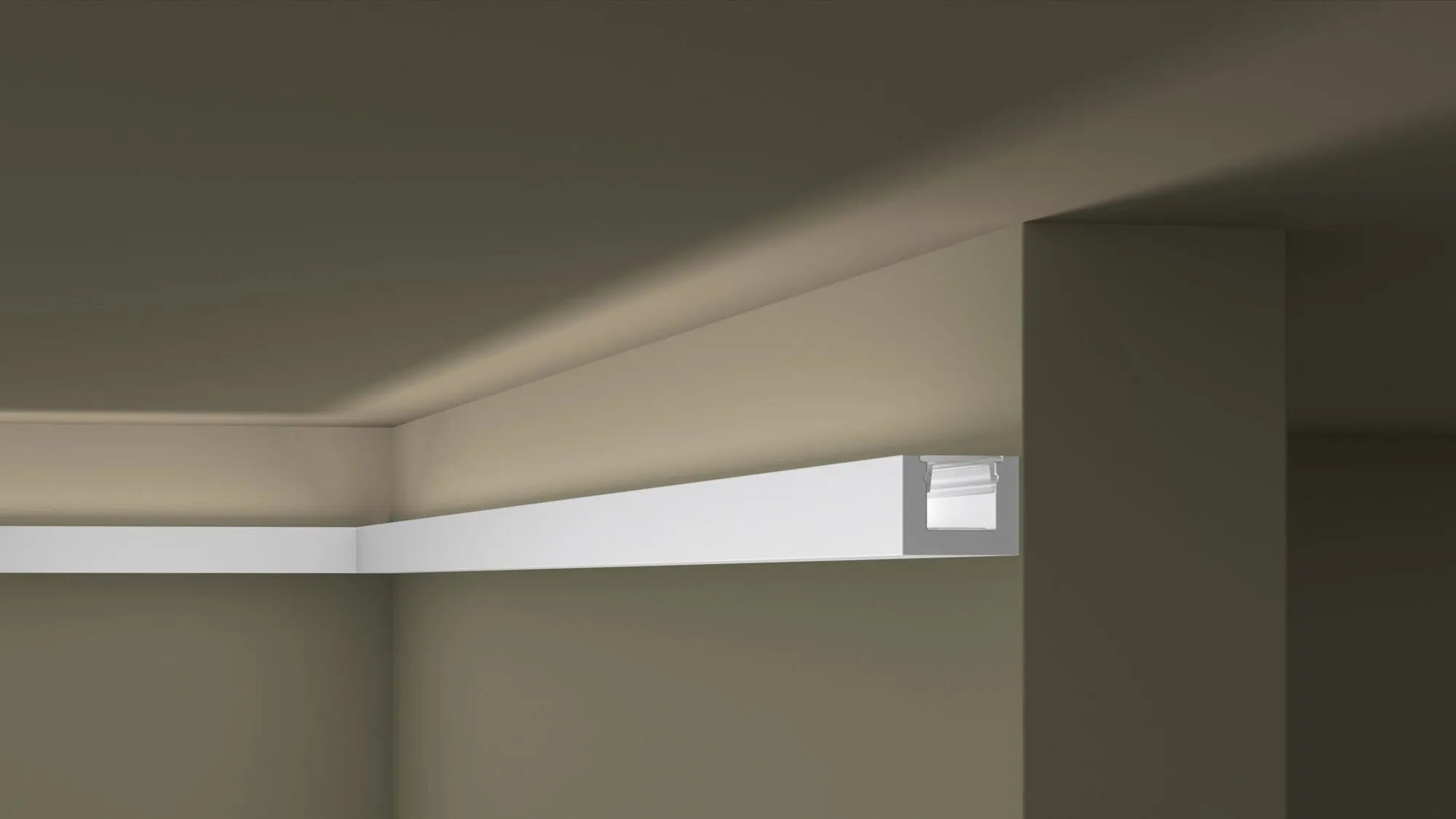 IL12 ARSTYL® 2m Ceiling Coving for LED Lighting positioned along the ceiling and wall joint to create a seamless light transition | DecorMania UK
