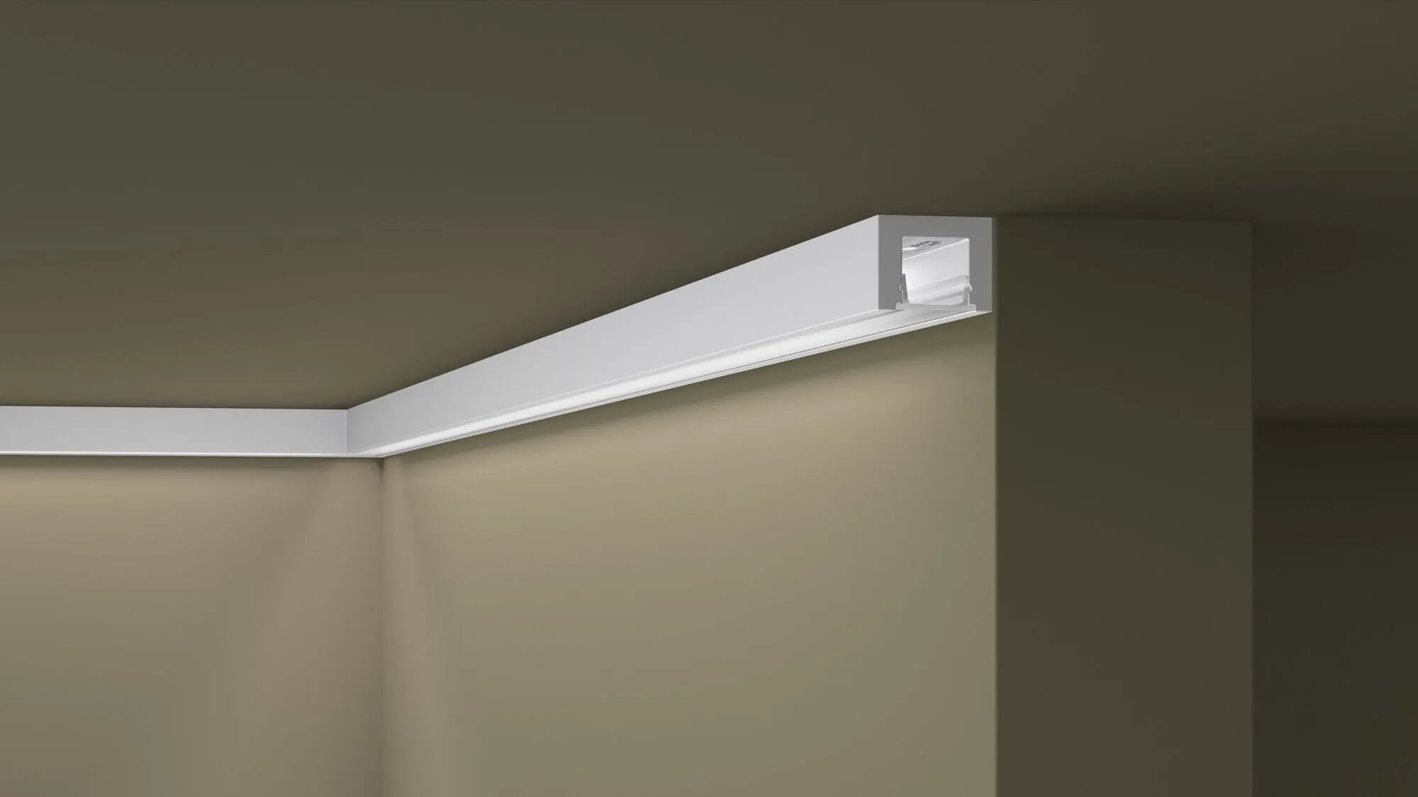 IL12 ARSTYL® 2m Ceiling Coving for LED Lighting installed along the ceiling in a geometric pattern to highlight the modern architecture of the space | DecorMania UK
