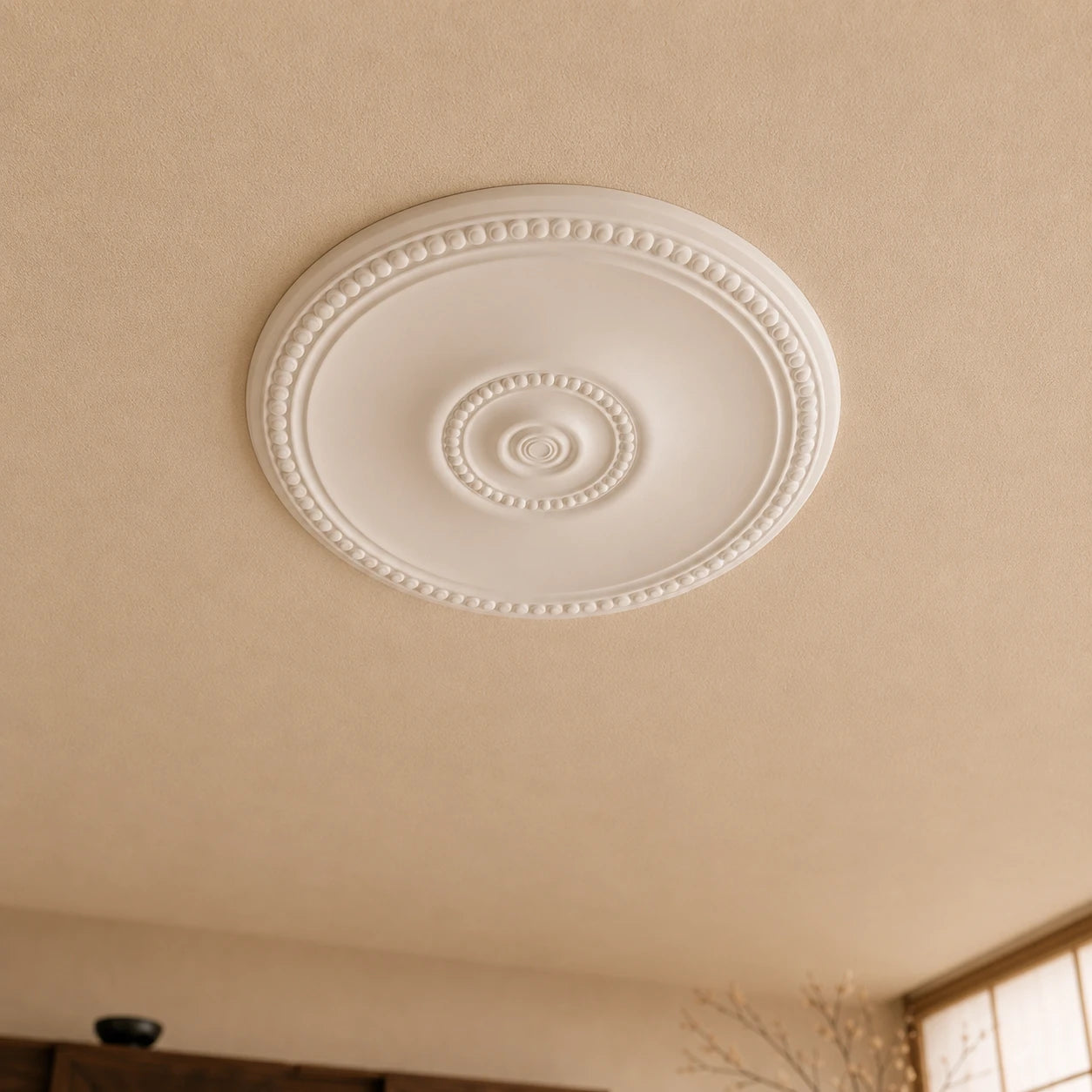 Close-up of the white Imelda R74 ceiling rose with two beaded circular borders and a small concentric centre motif