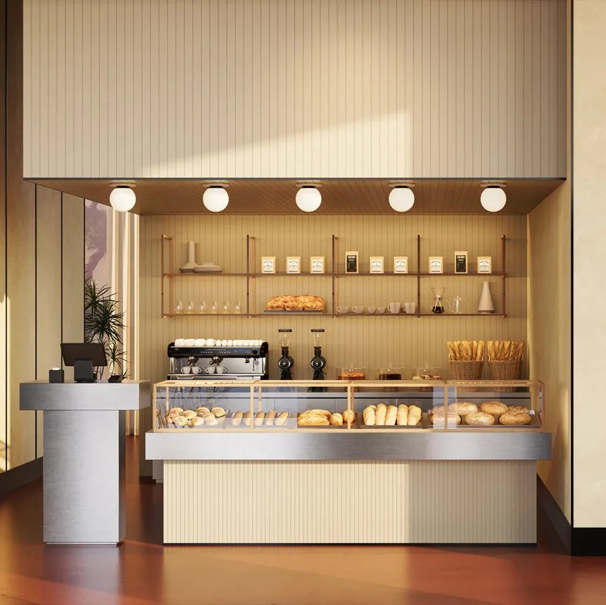 LATTE L WALLSTYL vertical wall panels used in a modern café and bakery interior
