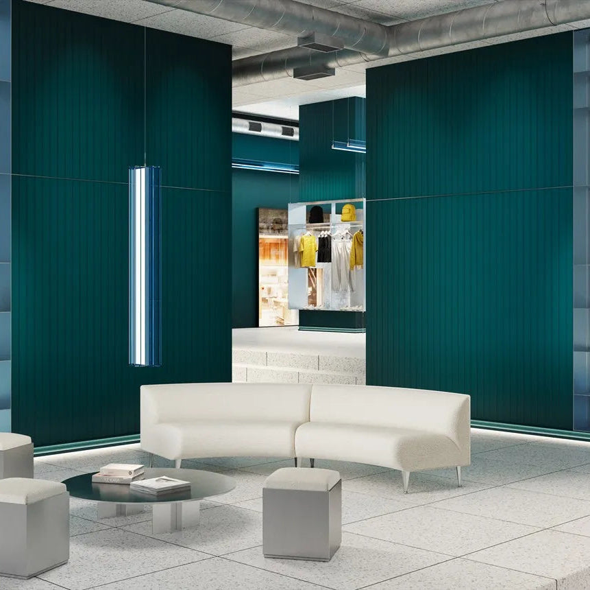 MEZZALUNA L WALLSTYL wall panels used on displays and counters in a contemporary retail interior
