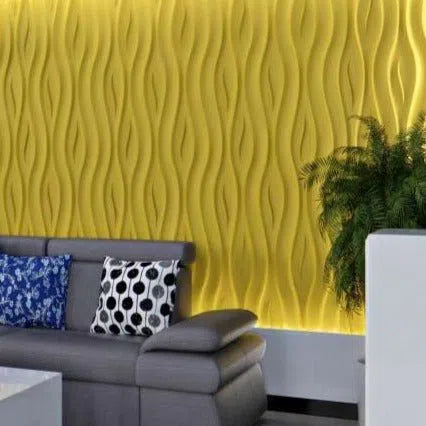 OCEAN 3D Wall Panel Model 01 - 3D Polystyrene Wall Panels with subtle lighting behind a modern sofa with patterned cushions | DecorMania UK