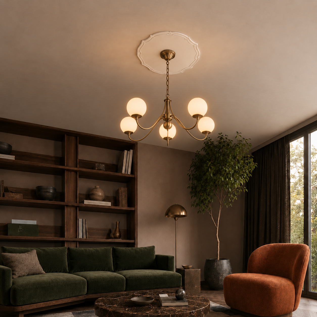 Ceiling rose with a hanging brass chandelier in an elegant living room with an olive green sofa