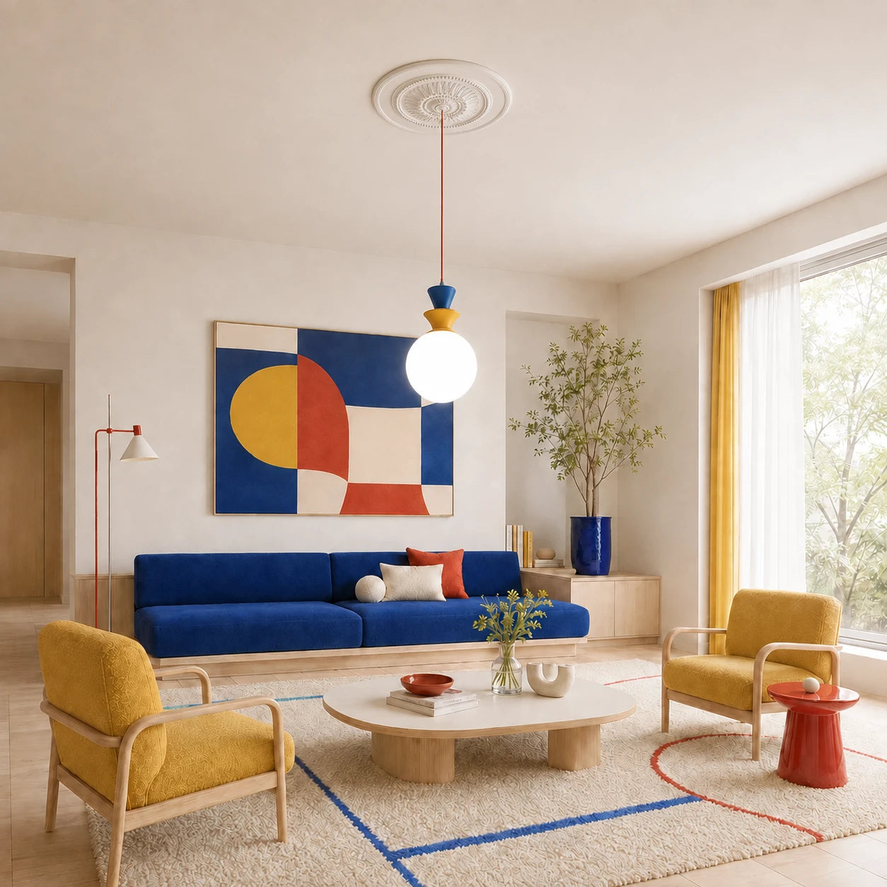 Colourful modern living room with an ornate white R20 Arstyl ceiling rose framing a pendant light.