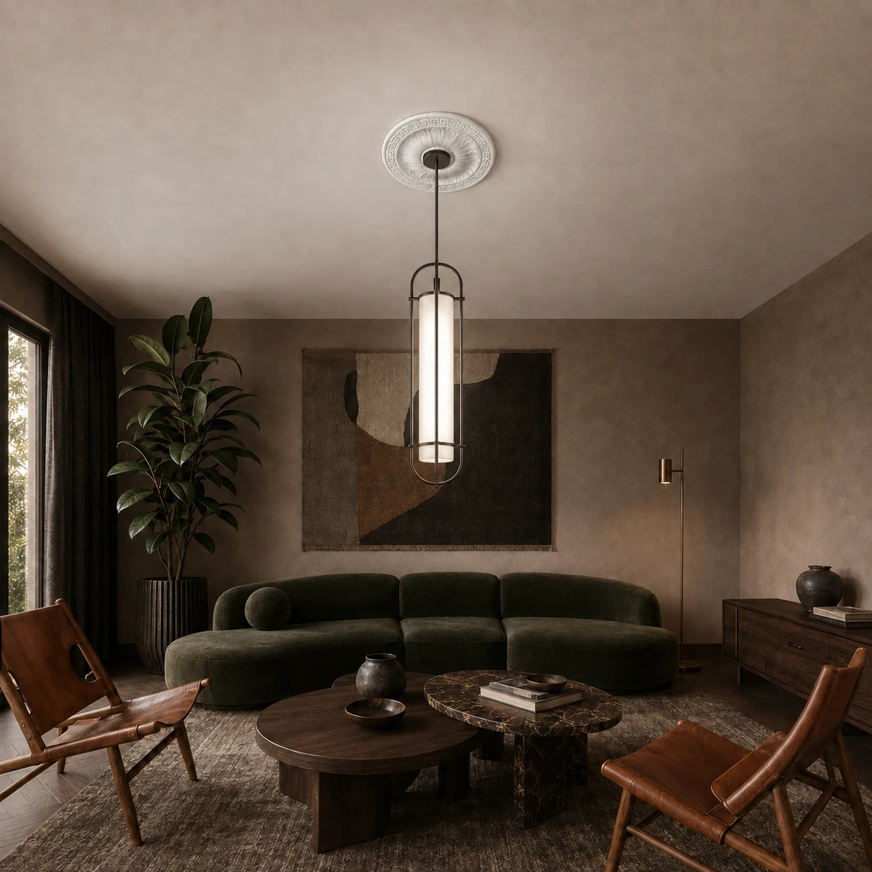 Dark modern living room with an ornate white R23 Arstyl ceiling rose framing a pendant light.
