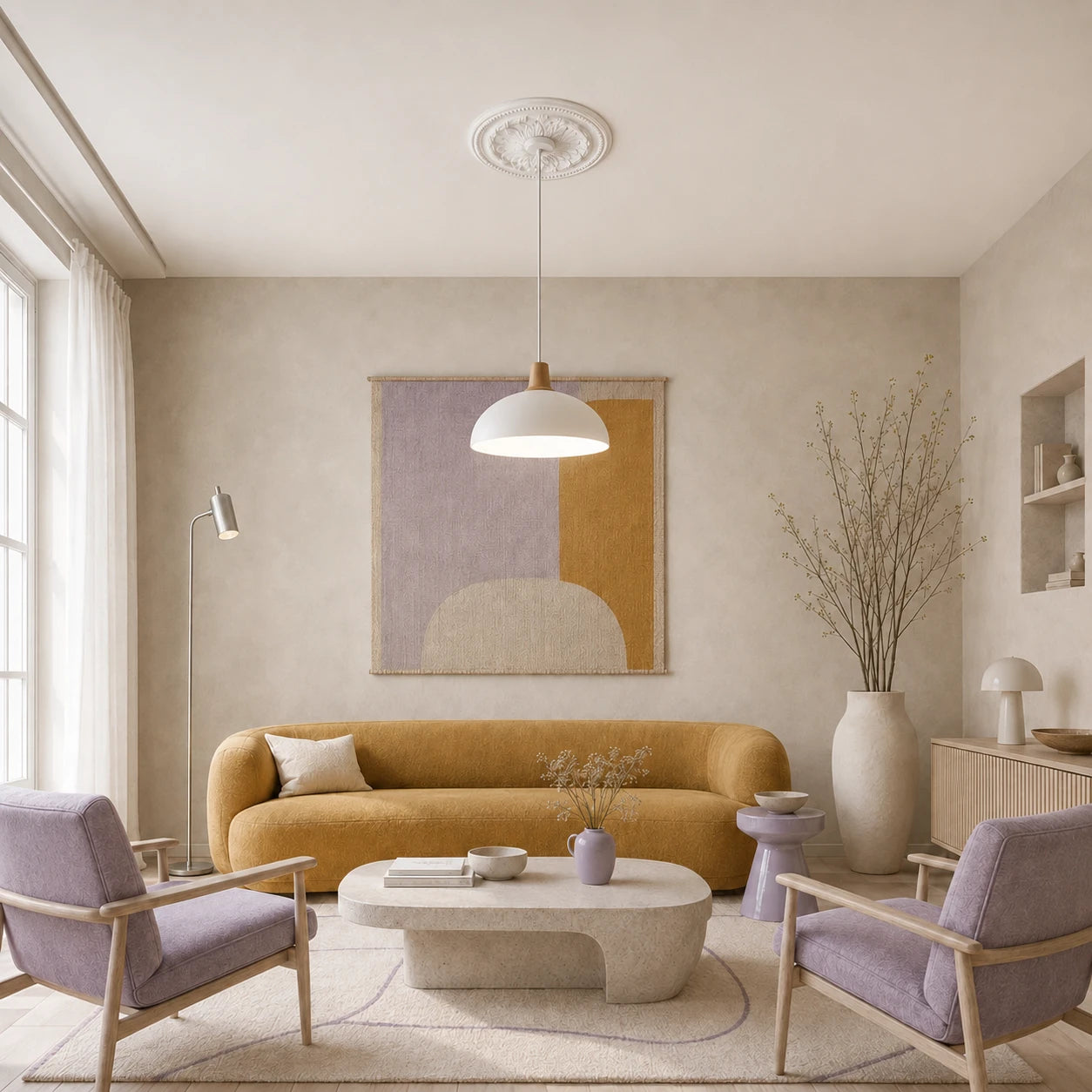 Bright pastel living room with an ornate white R5 Arstyl floral ceiling rose framing a modern pendant lamp