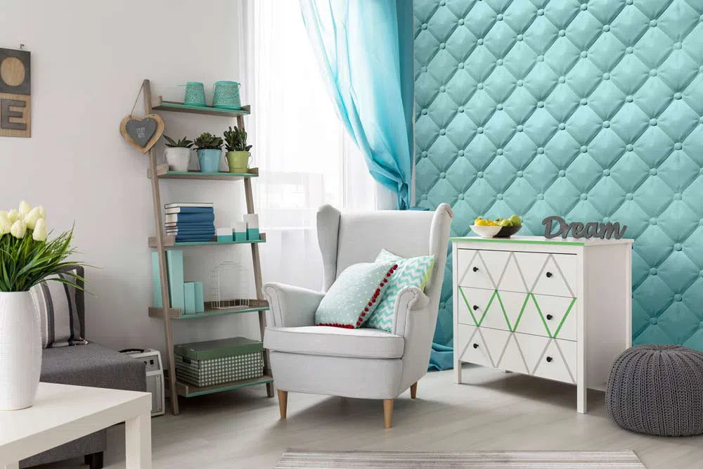 SOFT BUTTONS 3D Wall Panel Model 03 - 3D Polystyrene Wall Panels creating a stylish accent wall in a cozy living space with modern furniture and decor | DecorMania UK