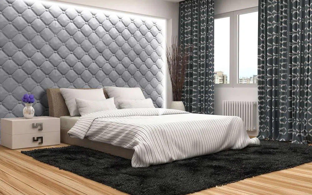 SOFT BUTTONS 3D Wall Panel Model 03 - 3D Polystyrene Wall Panels as a headboard in a modern bedroom with a bed, nightstand, and minimalistic decor | DecorMania UK 