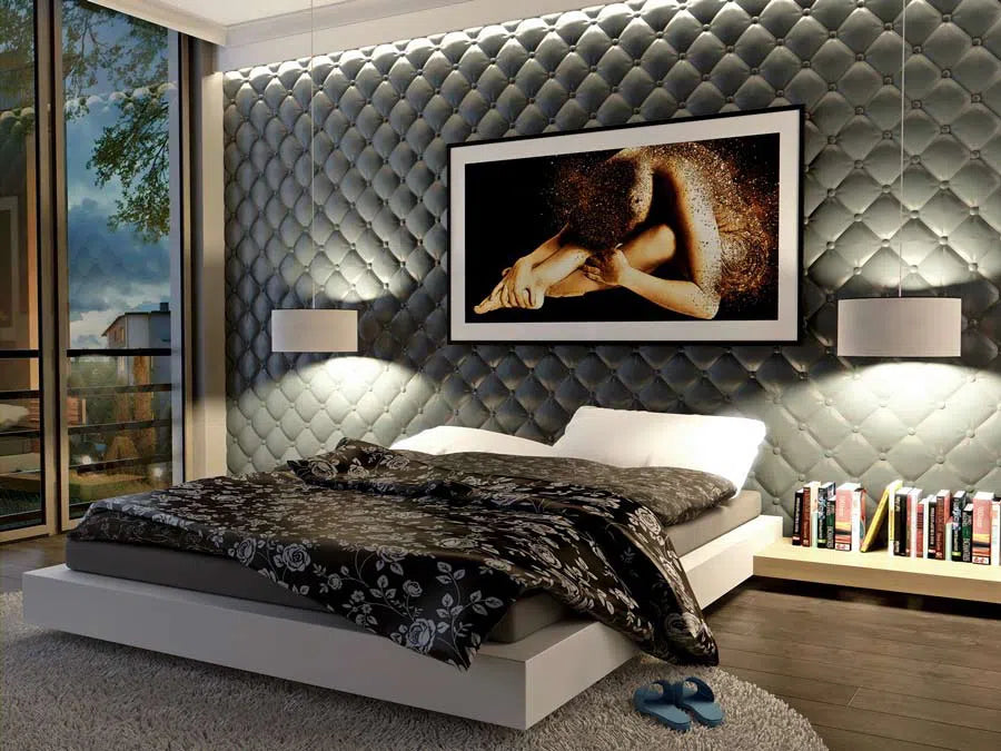 SOFT BUTTONS 3D Wall Panel Model 03 - 3D Polystyrene Wall Panels as a headboard in a modern bedroom with a bed, nightstand, and minimalistic decor | DecorMania UK