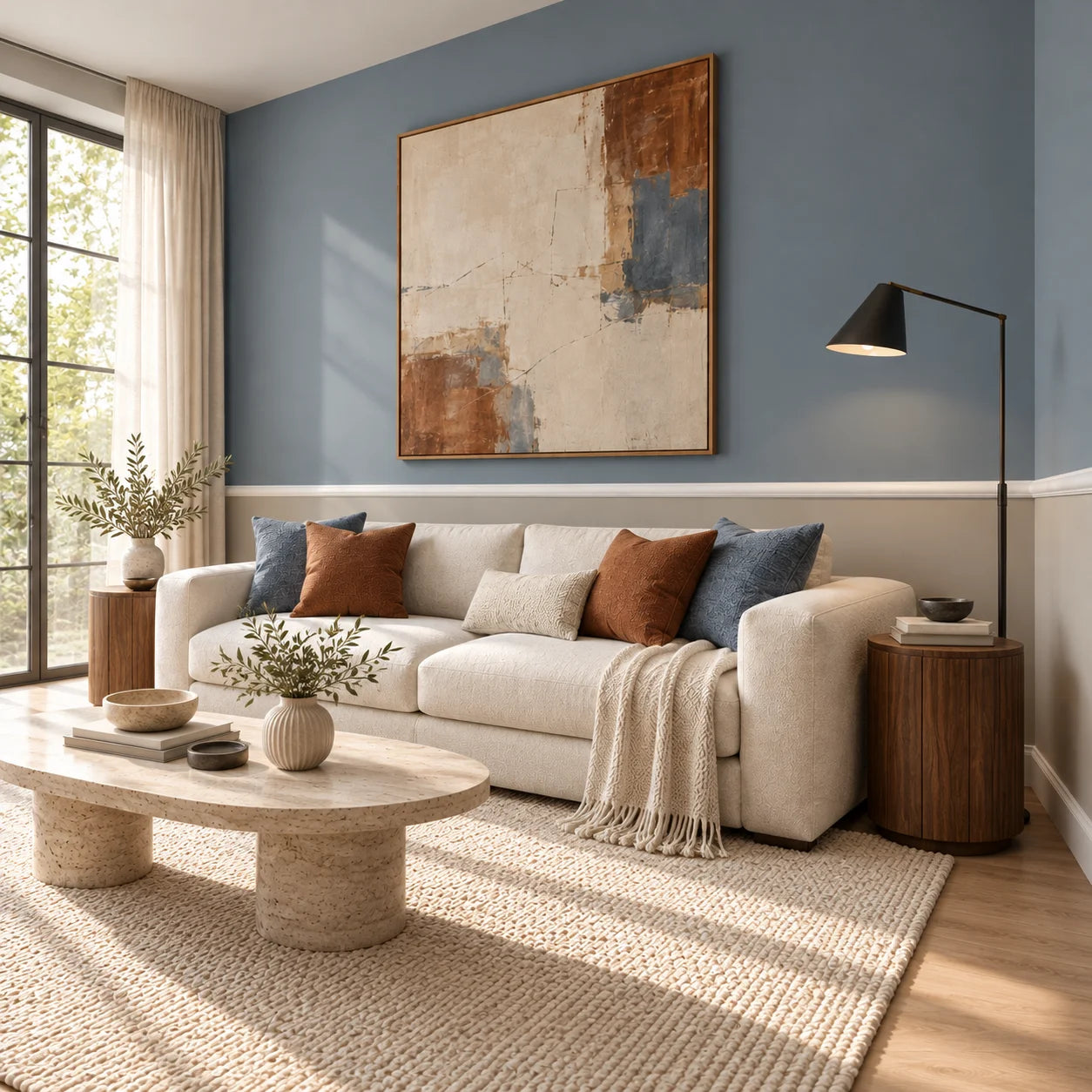 Angled view of a modern living room with white SP1 chair rail, cream sofa and walnut side tables