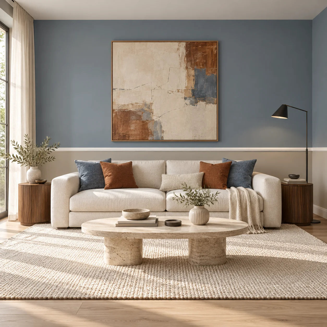 Front view of a modern living room with white SP1 chair rail separating blue and greige walls