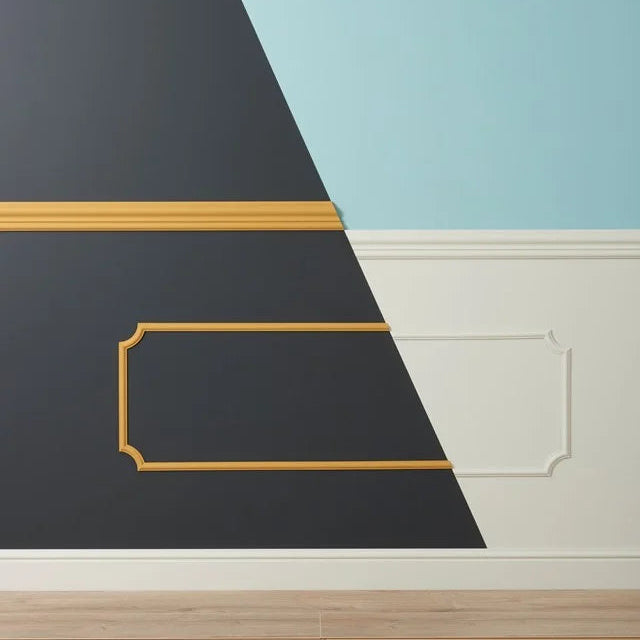 Gold and white wall mouldings with SP2-5 curved corners on a charcoal and pale blue feature wall